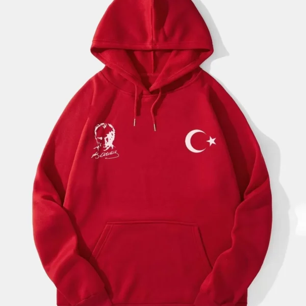 10 Kasıma Özel Üç İplik Kapüşonlu Baskılı SweatShirt - Kırmızı