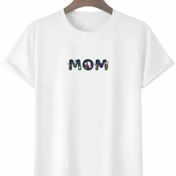 Anneler Gününe Özel Tasarım mom Çiçek Baskılı T-shirt - Beyaz