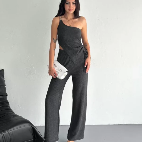 Asimetrik Crop Pantalon ikili Takım - Füme