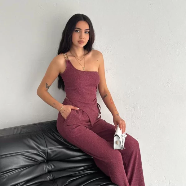 Asimetrik Crop Pantalon ikili Takım - Gül Kurusu