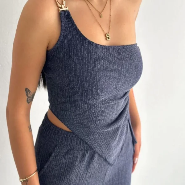Asimetrik Crop Pantalon ikili Takım - Lacivert