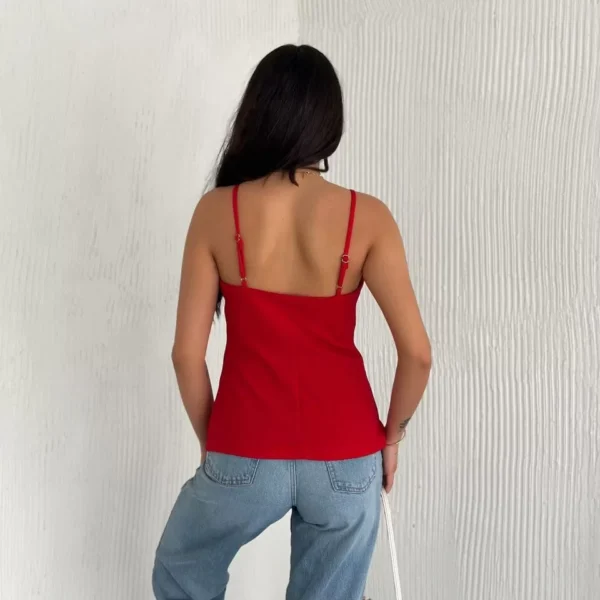 Askılı Dekolte deraylı bluz crop - Kırmızı