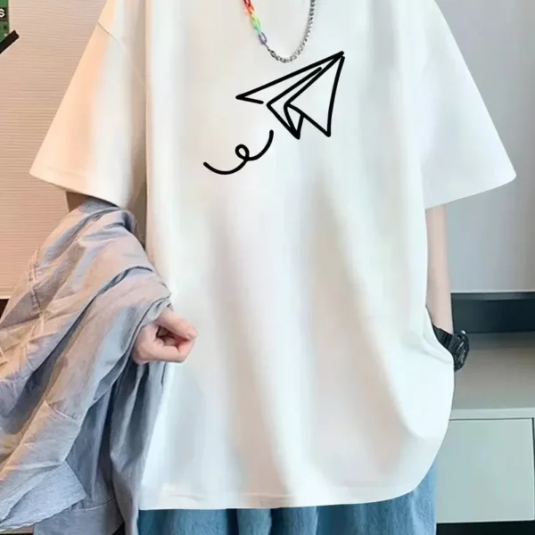 20/1 Penye Compack Uçak Baskılı Oversize Bisiklet Yaka Kısa Kol T-shirt - Beyaz