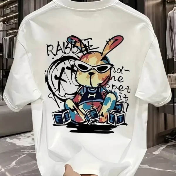 Güneş Gözlüğü Grafikli Karikatür Tavşan Oversize Kısa Kollu Tişört Çift Tişört, İlkbahar Ve Yaz - Beyaz