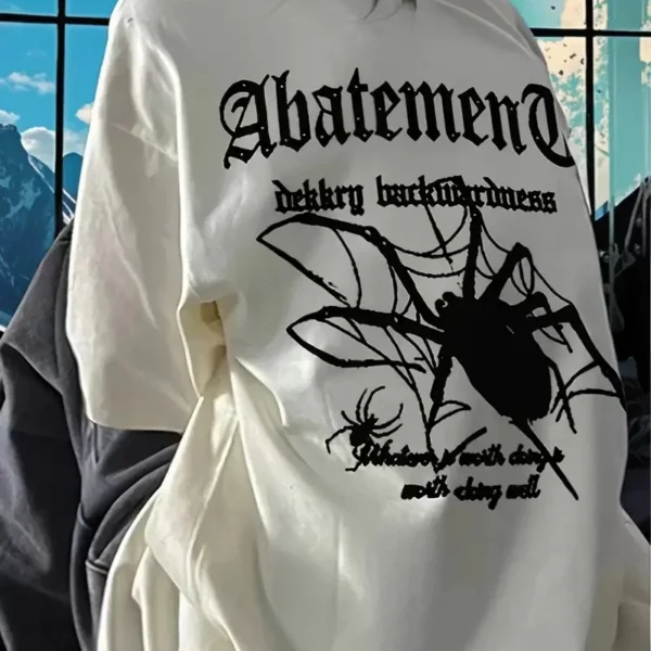 Örümcek Ağı Desenli Baskılı Oversize Bisiklet Yaka T-shirt  - Beyaz