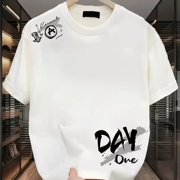 Day One Baskılı Oversize Bisiklet Yaka T-shirt - Beyaz