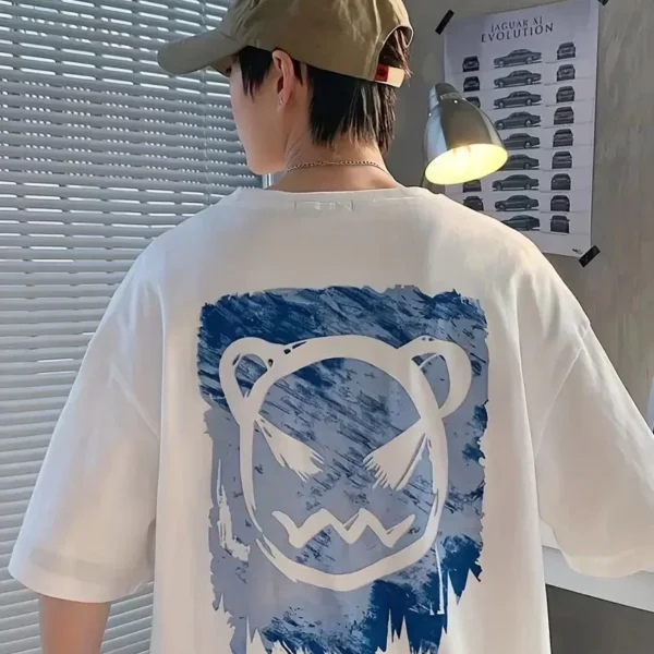 20/1 Penye Compack Bisiklet Yaka Kore tarzı sevimli ayı baskı Kısa Kol Erkek t-shirt - Beyaz
