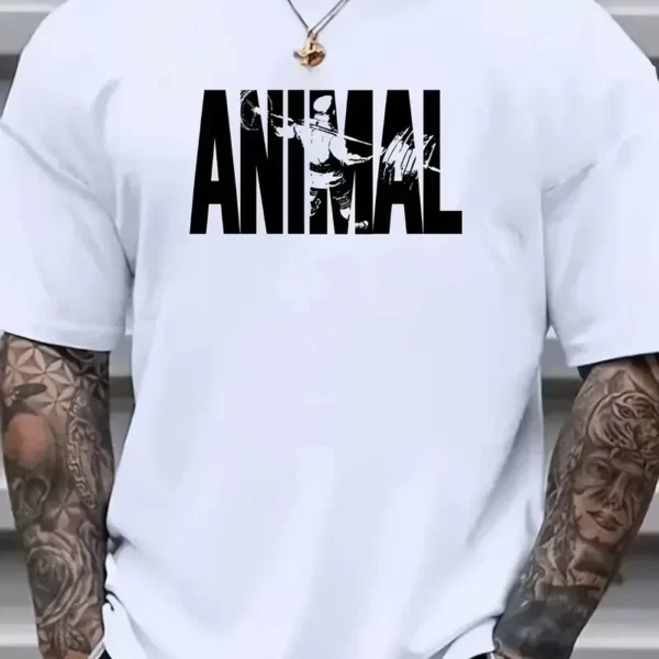 ANIMAL Desen Baskı Erkek Oversive Tişört, Grafik Tişört Erkek Yazlık Outdoor Kıyafetleri, Sporda ve Günlük Giyime Uygun - Beyaz