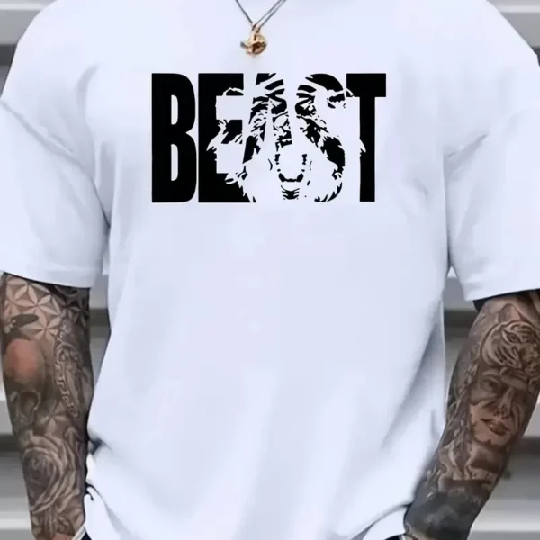 Eşsiz Baskı Tasarımlı Şık Büyük Beden Erkek Tişörtü - Rahat Polyester, Makinede Yıkanabilir, Yuvarlak Yaka - Her Mevsim İçin Mükemmel - Beyaz