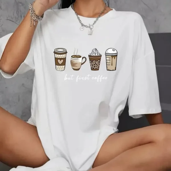 20/1 Penye Compack Baskılı Oversize Kahve Desenli Kadın Kısa Kol T-shirt - Beyaz