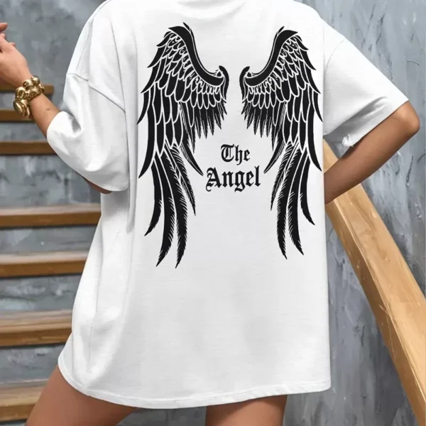 20/1 Penye Compack Dark Angel Baskılı Oversize Kısa Kol Yazlık T-shirt- Beyaz