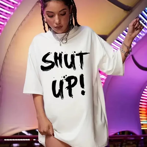 20/1 Penye Compack Oversize Beyaz Shut Up Kısa Kol Yazlık Tişört - Beyaz