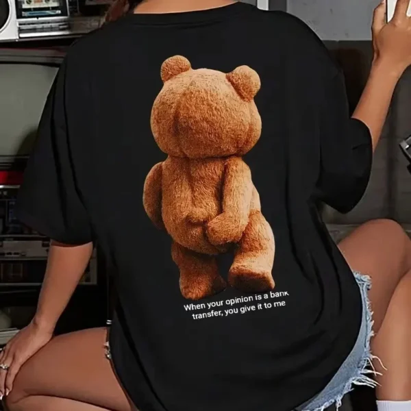 Büyük Boy Ayıcık Baskılı Bisiklet Yaka T-Shirt, İlkbahar & Yaz İçin Rahat Kısa Kollu T-Shirt, Kadın Giyim - Siyah