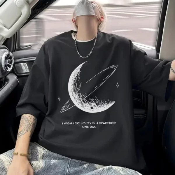 Erkekler için Siyah Tişört Grafik Genç Emo Vintage Gotik Rahat Büyük Beden Kısa Kollu Tişört Giysi Üst- Siyah