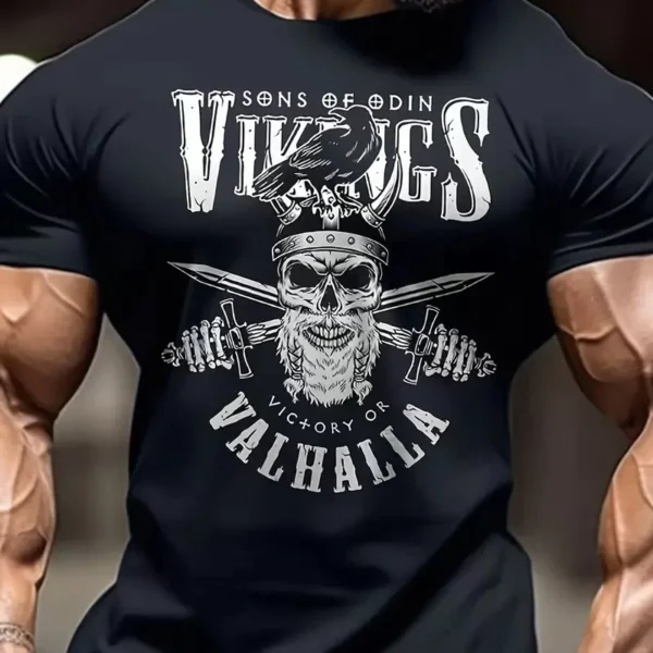 20/1 Penye Compack Vikings Valhalla Baskılı Oversize Bisiklet Yaka T-shirt - Siyah