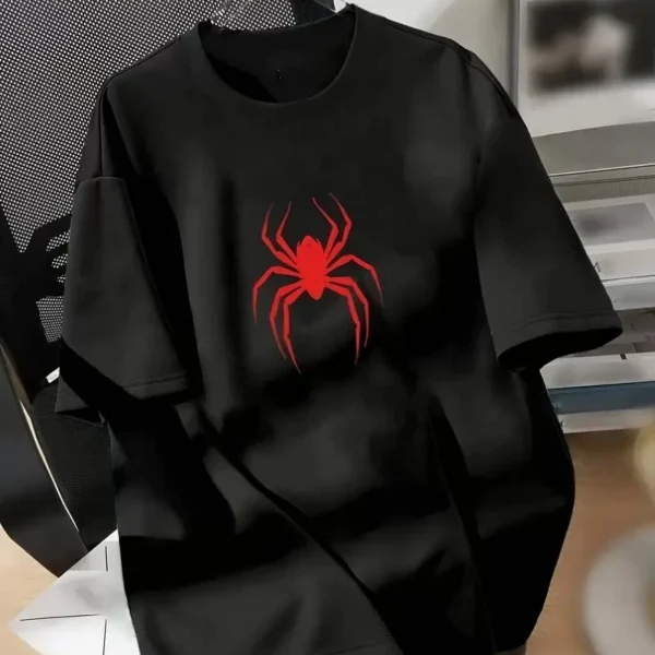 20/1 Penye Compack Spider Baskılı Oversize Unisex Kısa Kol Yazlık T-shirt - Siyah