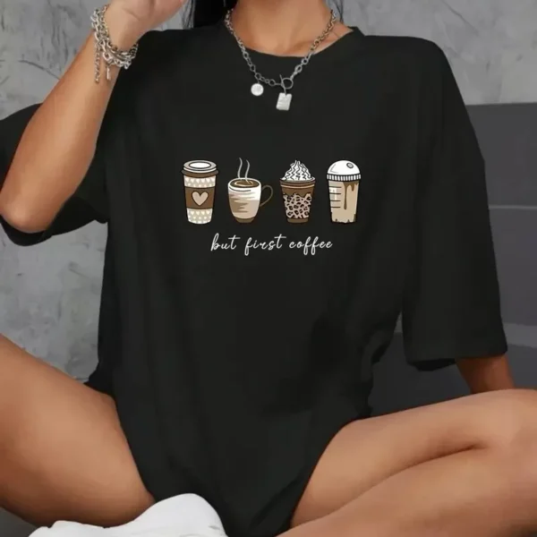 20/1 Penye Compack Baskılı Oversize Kahve Desenli Kadın Kısa Kol Yazlık T-shirt - Siyah