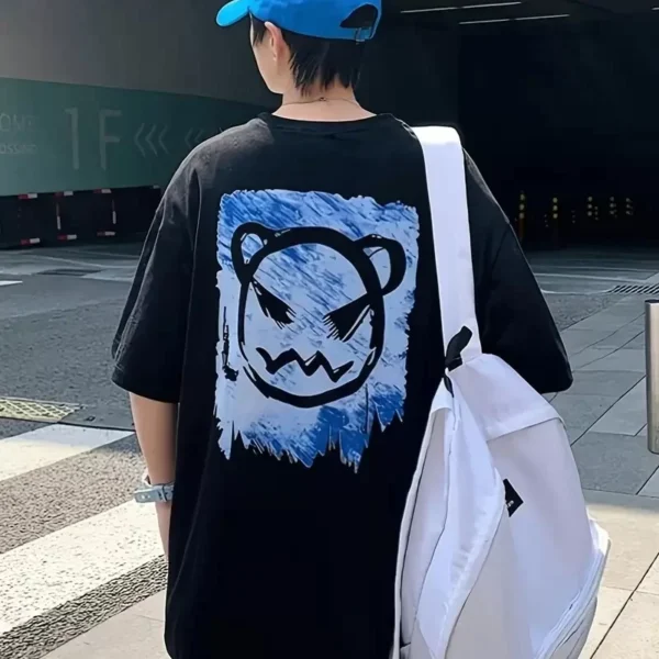 20/1 Penye Compack Bisiklet Yaka Kore tarzı sevimli ayı baskı Kısa Kol Erkek t-shirt - Siyah
