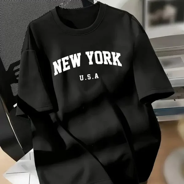 20/1 Penye Compack New York Baskılı Oversize Kısa Kol Bisiklet Yaka T-shirt - Siyah