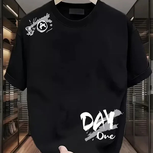 20/1 Penye Compack Day One Baskılı Oversize Bisiklet Yaka T-shirt - Siyah