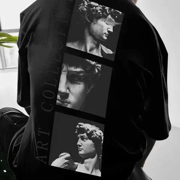 Benzersiz Sırt Baskılı Erkek Sokak Stili Bol Tişört - Nefes Alabilir Polyester, Makinede Yıkanabilir - Siyah