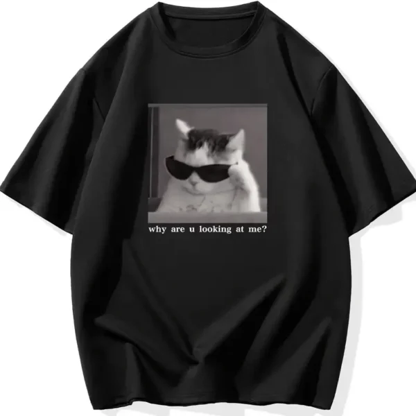 "Neden Bana Bakıyorsun?" Komik Kedi Grafik Tişört - Dijital Baskılı Siyah Bol Kesim Streetwear Tişört, Erkekler için Dört Mevsim Günlük Gömlek - Siyah