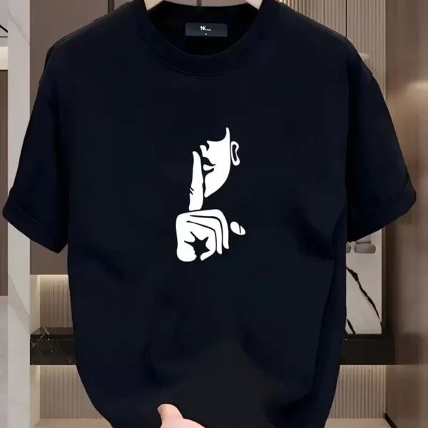 Rahat Bisiklet Yaka Tişört, Yaratıcı Karikatür Baskı - Yumuşak Polyester, Her Mevsim Giyilebilir- Siyah