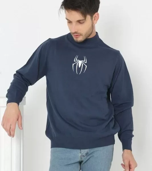 Baskılı Yarım Boğazlı Uzun Kol Dokuma Triko - Indigo