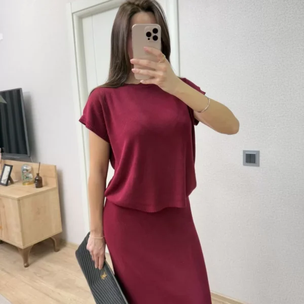 Bisiklet Yaka Bluz Uzun Etekli ikili Takım Triko - Bordo