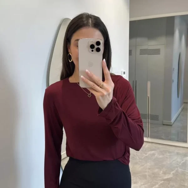Bisiklet Yaka Uzun Kollu Crop - Bordo