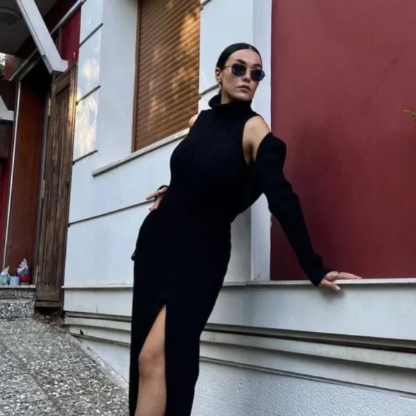 Bolerolu Boğazlı Uzun Elbise 2 Li Triko Takım - Siyah