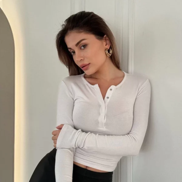 Cıt Cıt Detaylı Uzun Kollu Crop - Beyaz