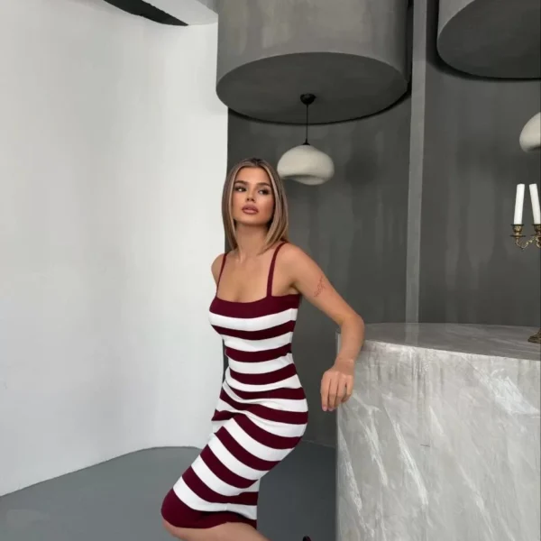 Cizgili Triko Askılı Elbise- Bordo