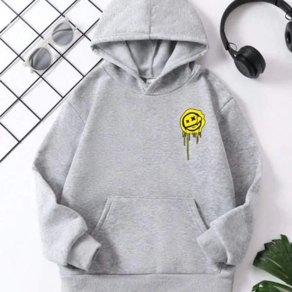 Çocuk Unisex Kapüşonlu Emoji Baskılı Sweatshirt - Gri