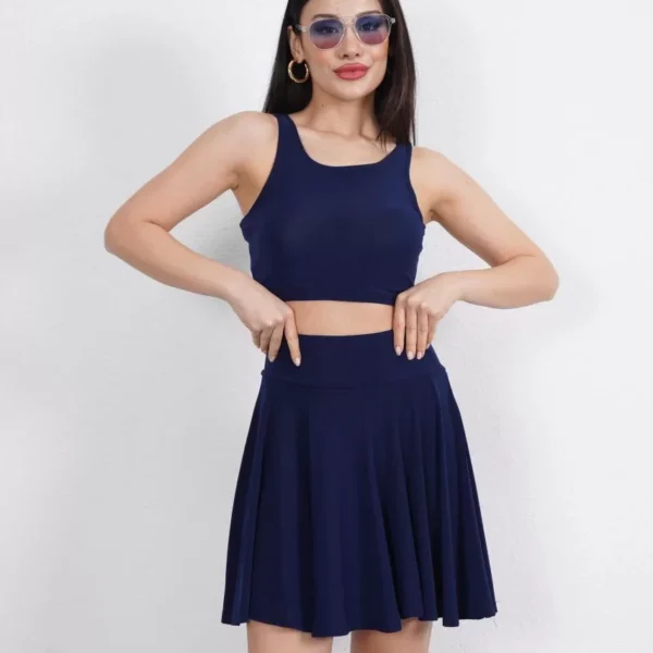 Sendy Kumaş Bisiklet Yaka Crop Şortlu Etek ikili Takım - Lacivert