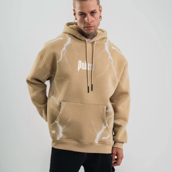 Double Oversize Kapşonlu Şimşek Pano Baskılı SweatShirt - Bej