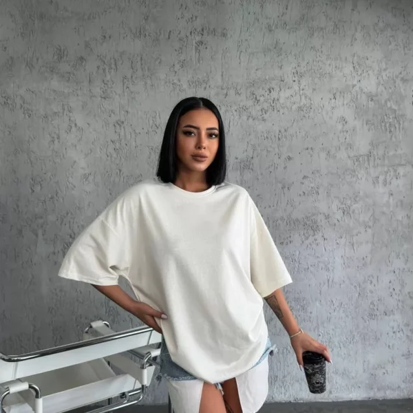 Unisex Düz Biskilet Yaka Oversize T-shirt - Beyaz