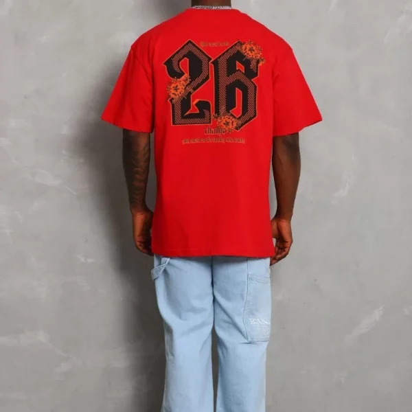 Unisex Oversize Baskılı Bisiklet Yaka T-Shirt - Kırmızı