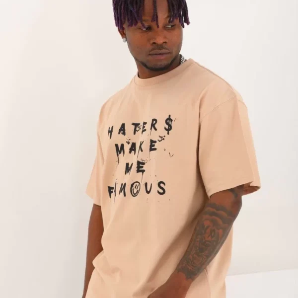 Unisex Oversize Baskılı Bisiklet Yaka T-Shirt - Bej