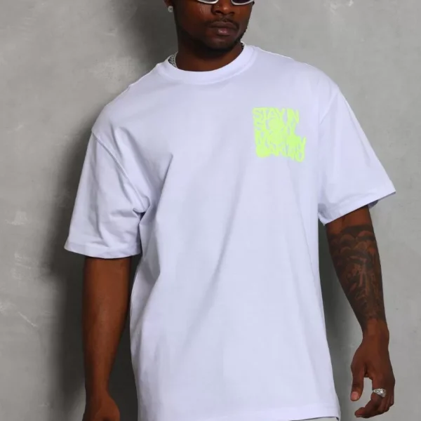 Unisex Oversize Baskılı Bisiklet Yaka T-Shirt - Beyaz