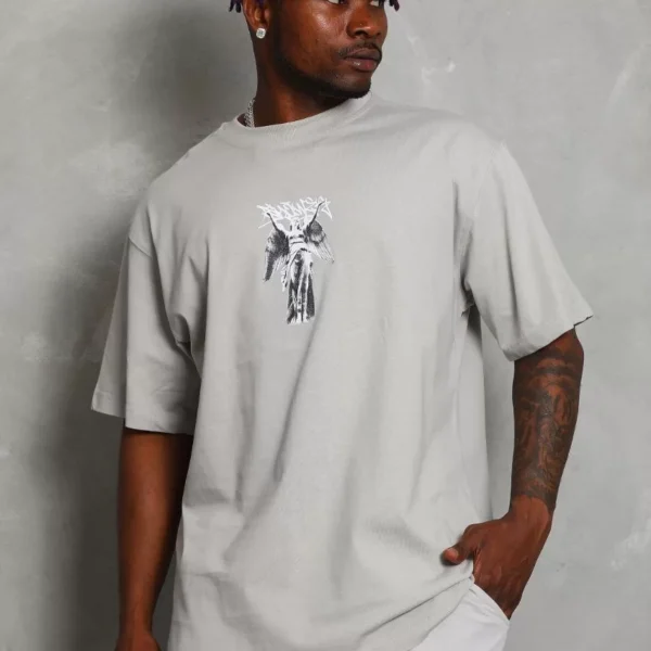 Unisex Oversize Baskılı Bisiklet Yaka T-Shirt - Gri