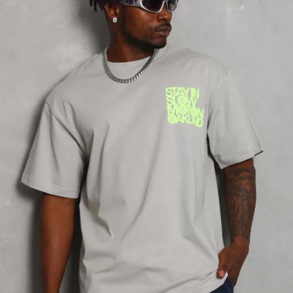 Unisex Oversize Baskılı Bisiklet Yaka T-Shirt - Gri