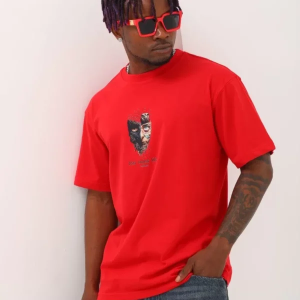 Unisex Oversize Baskılı Bisiklet Yaka T-Shirt - Kırmızı