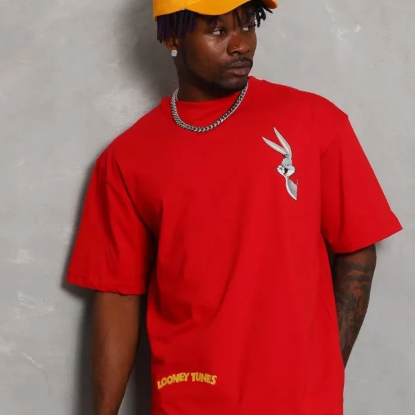Unisex Oversize Baskılı Bisiklet Yaka T-Shirt - Kırmızı