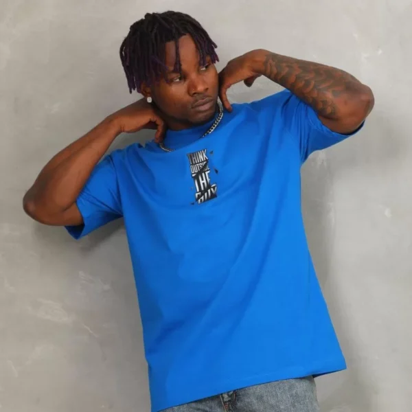 Unisex Oversize Baskılı Bisiklet Yaka T-Shirt - Mavi