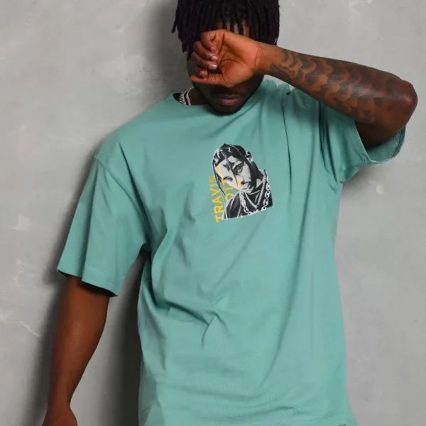 Unisex Oversize Baskılı Bisiklet Yaka T-Shirt - Mint Yeşili