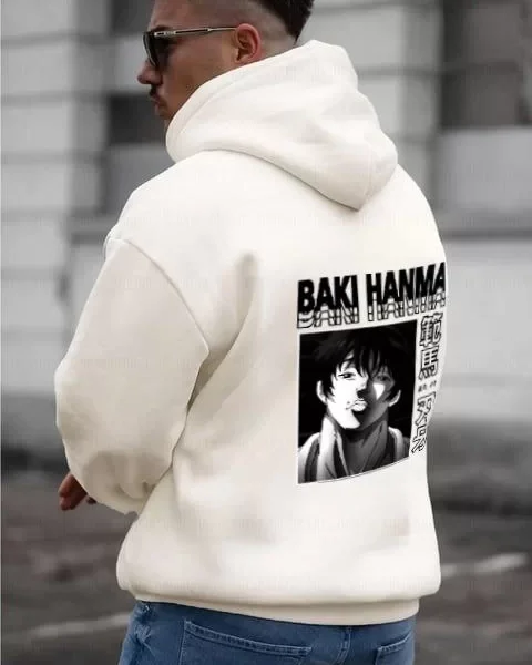 Erkek Baskılı Kapüşonlu ve Kordon İpli Sweat - Beyaz