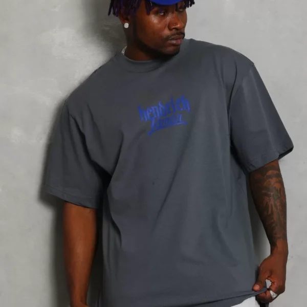 Unisex Oversize Baskılı Bisiklet Yaka T-Shirt - Füme