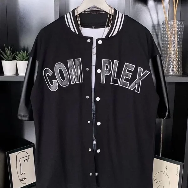 Erkek Complex Kolları Deri Kolej Oversize T-shirt - Siyah