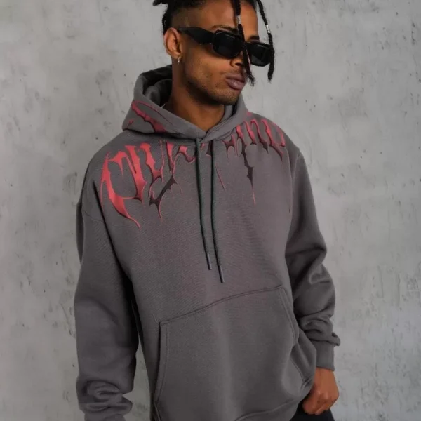 Erkek Ön ve Arka Baskılı Kapüşonlu 3 İplik Sweatshirt - Füme